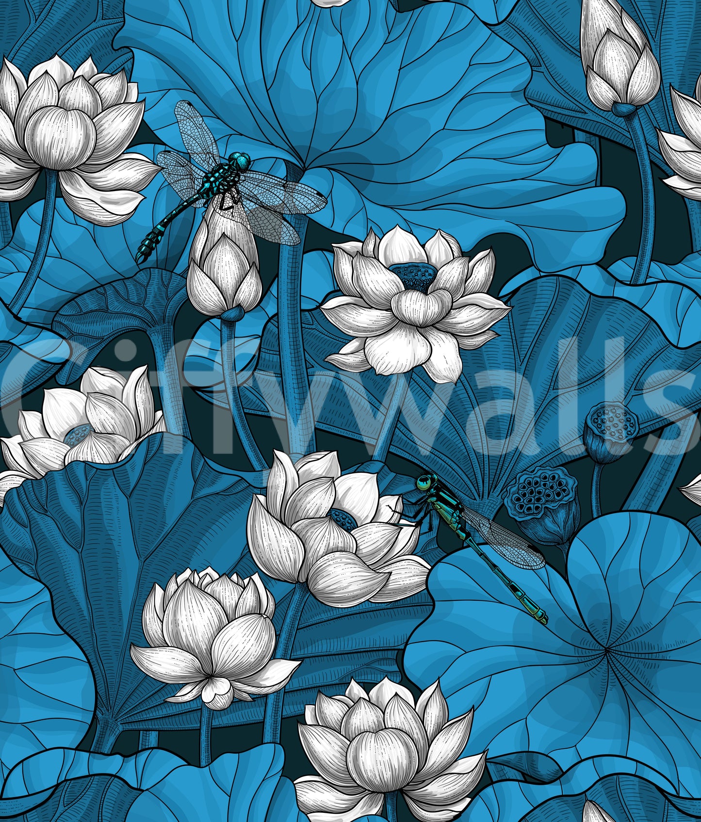 Zen Lotus Pond with Dragonflies in white and blue Wallpaper