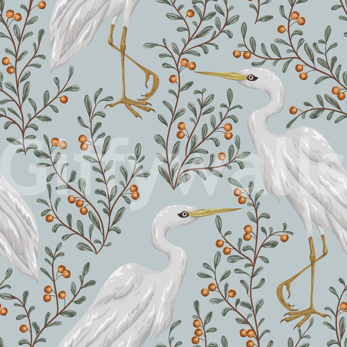 Graceful Heron and Berry Branch Wallpaper