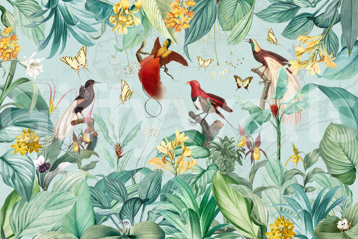 Exotic Bird and Tropical Flora Illustration Wall Mural
