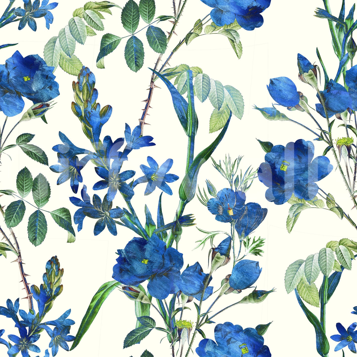 Vintage Indigo Wildflower Garden Pattern Wallpaper
