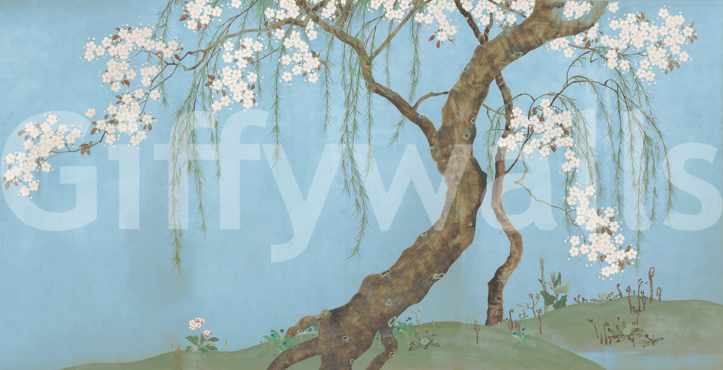 Serene Cherry Blossom Willow Wall Mural