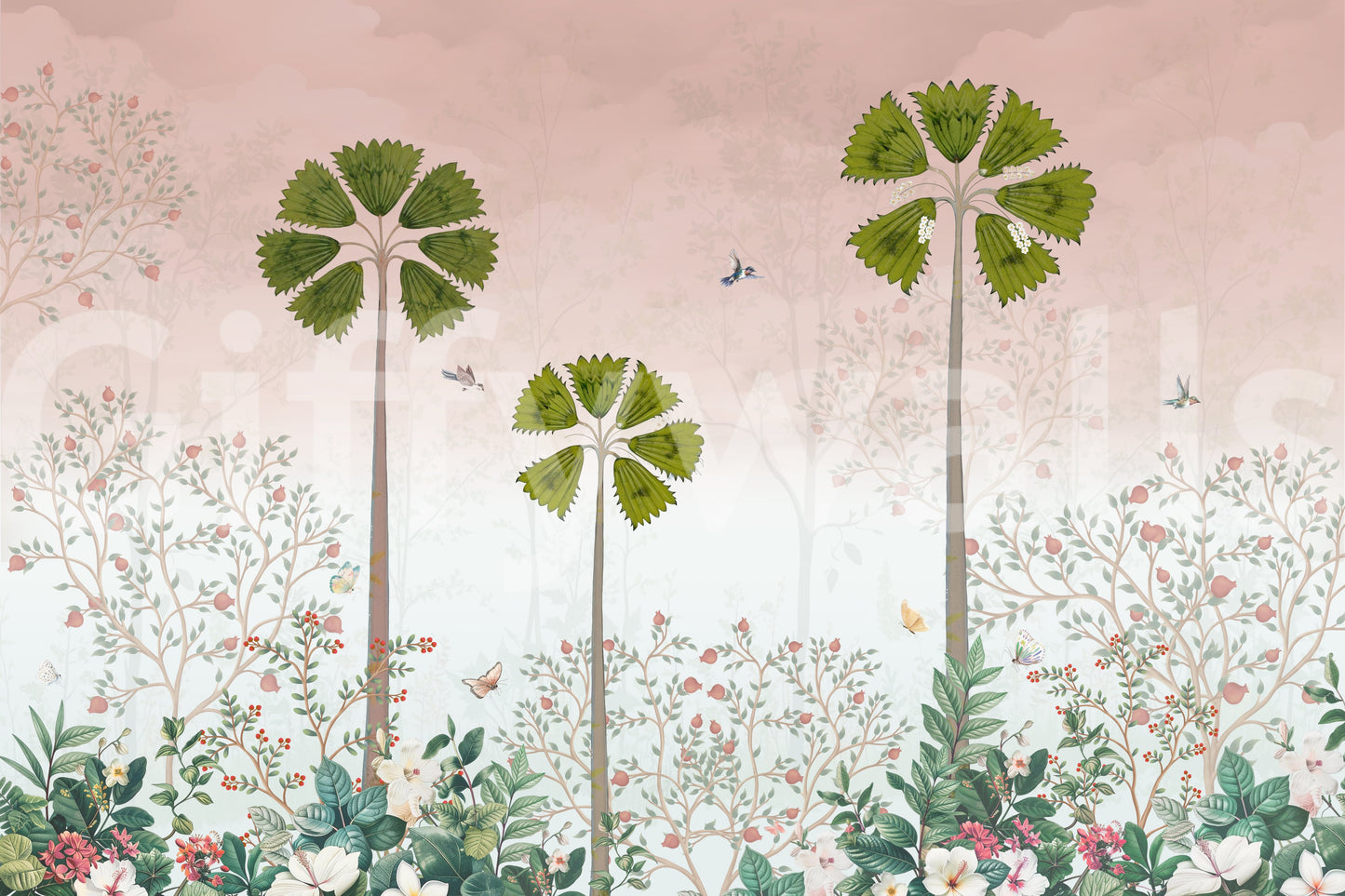 Misty Tropical Palms and Pomegranate Grove Wall Mural