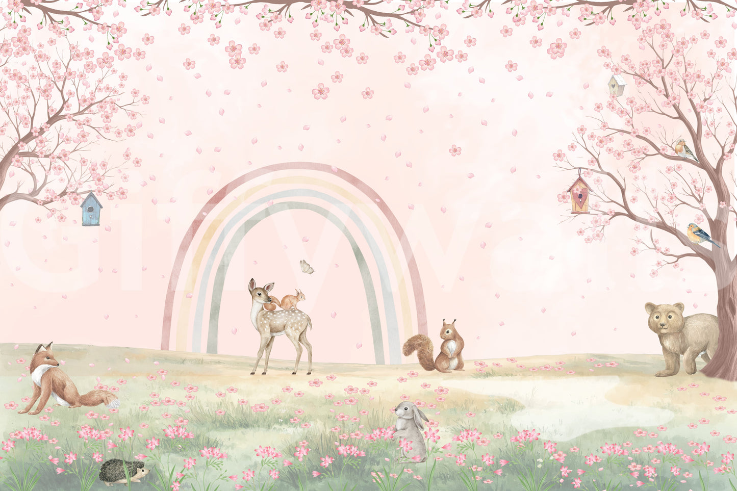 Whimsical Forest Friends with Soft Rainbow Wall Mural