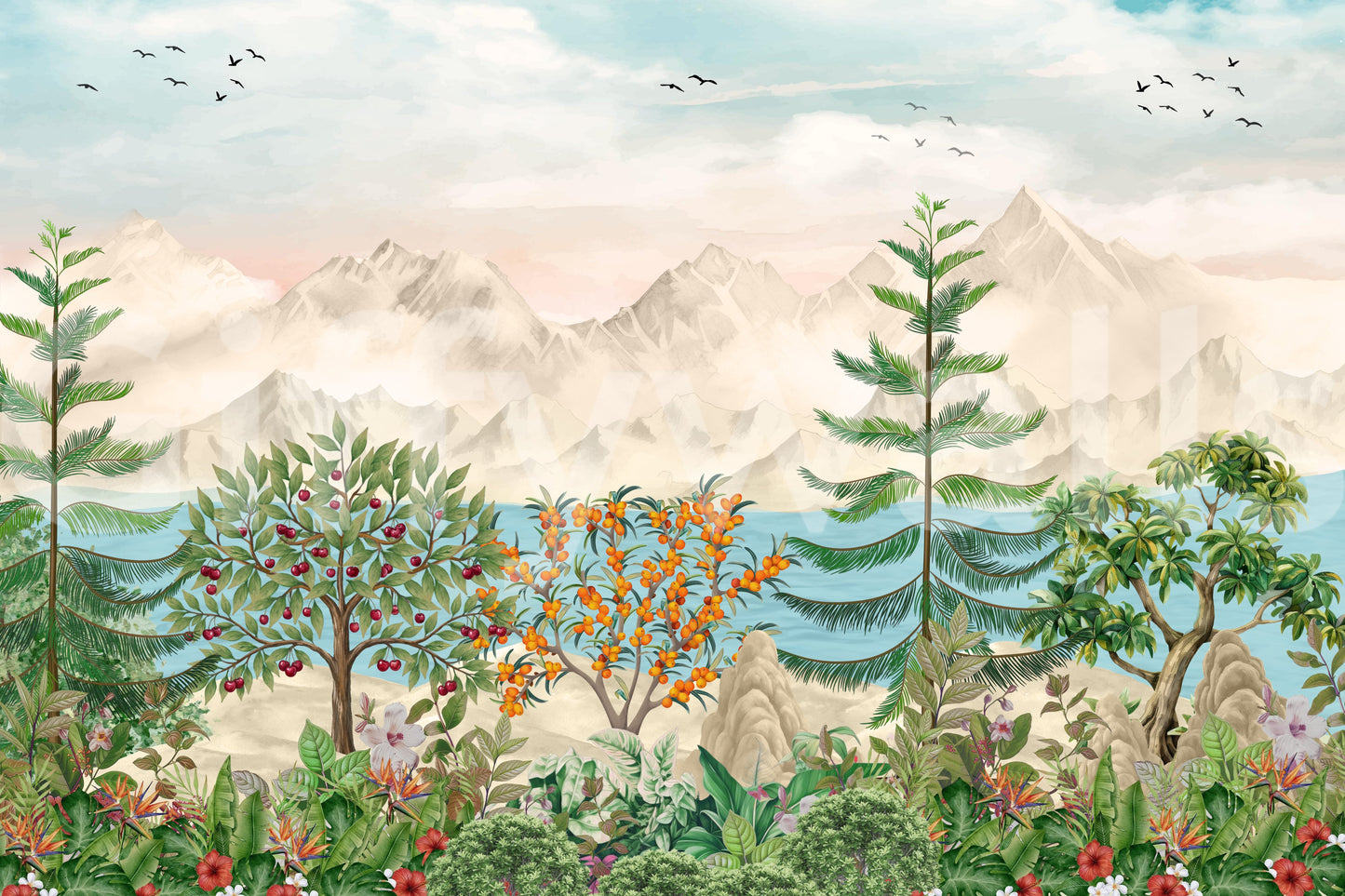 Serene Mountain Orchard Vista Wall Mural