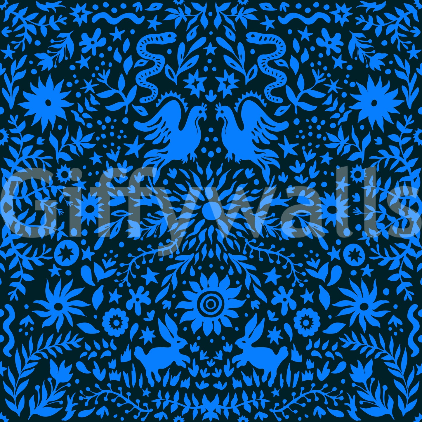 Cobalt Folklore Folk Art Pattern Wallpaper