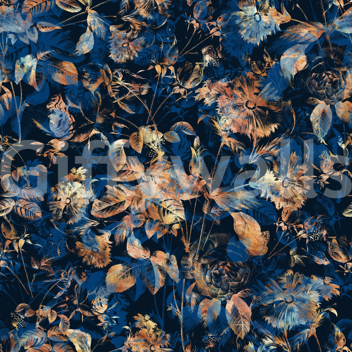 Navy and bronze garden wallpaper swatch showing moody botanical blooms GD12284