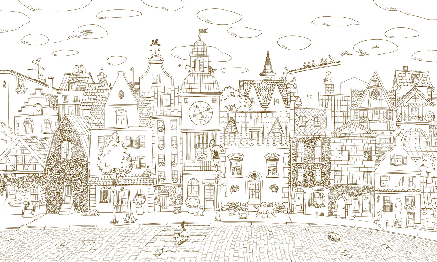 Whimsical Feline Village Scene Wall Mural