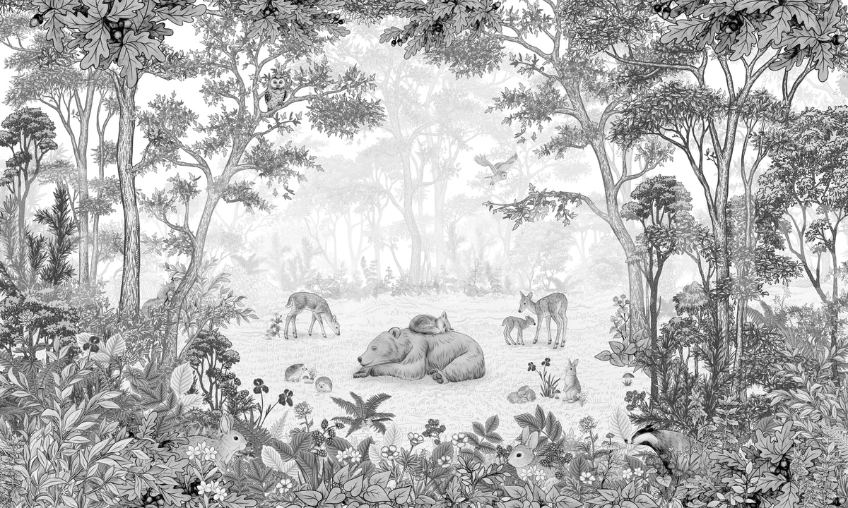 Enchanted woodland wildlife scene with a sleeping bear and deer in soft greyscale GD12399