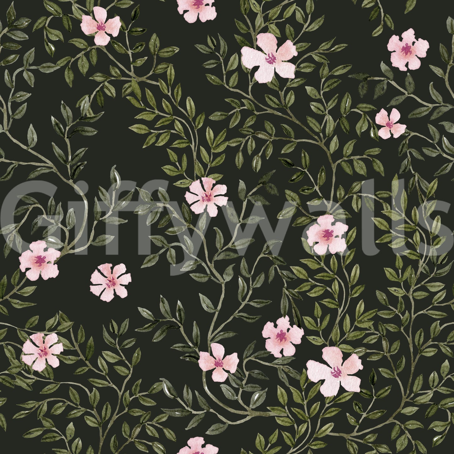 Soft Pink Floral Vines on Charcoal Wallpaper