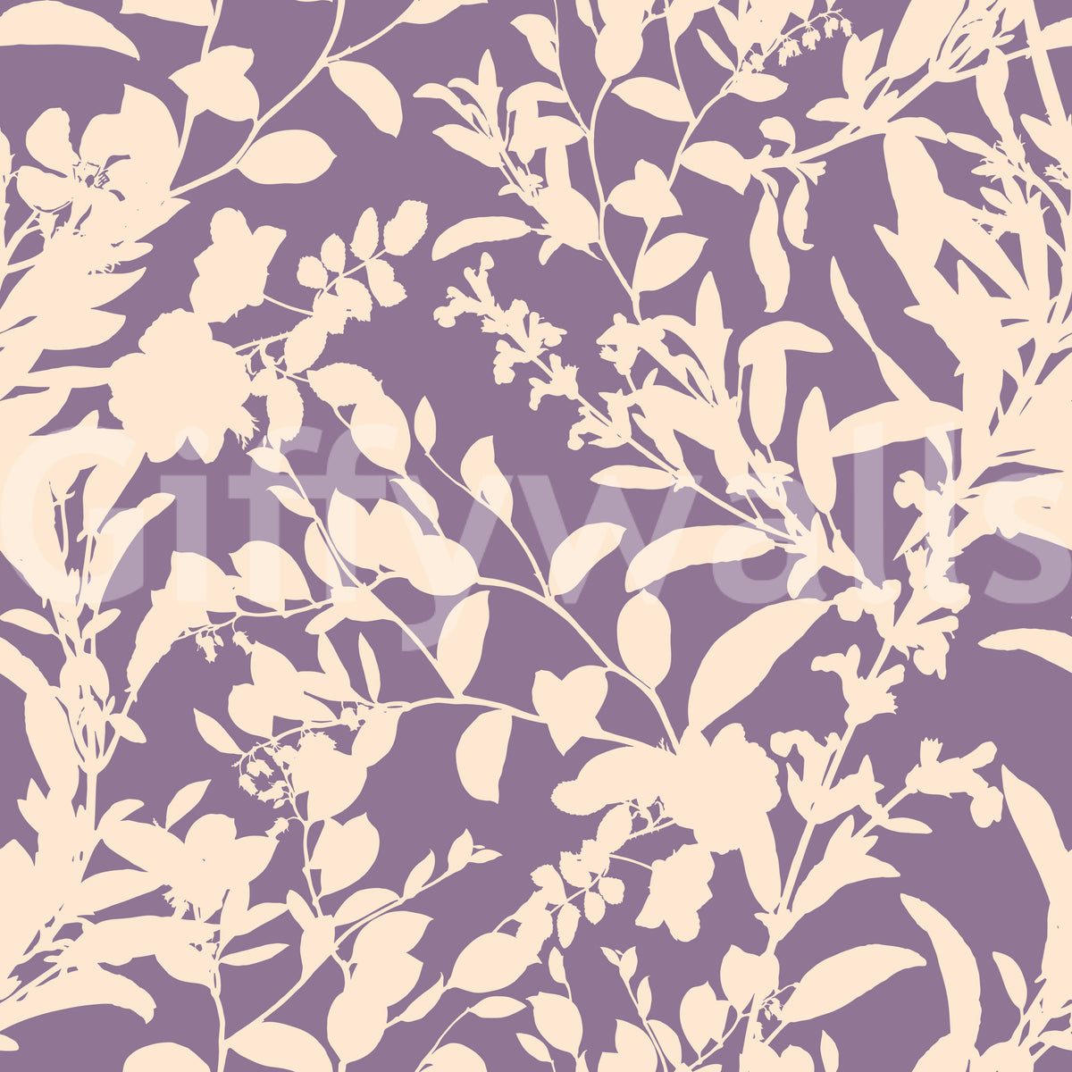 Cream botanical silhouette of leaves and wildflowers on a purple wallpaper swatch GD12484
