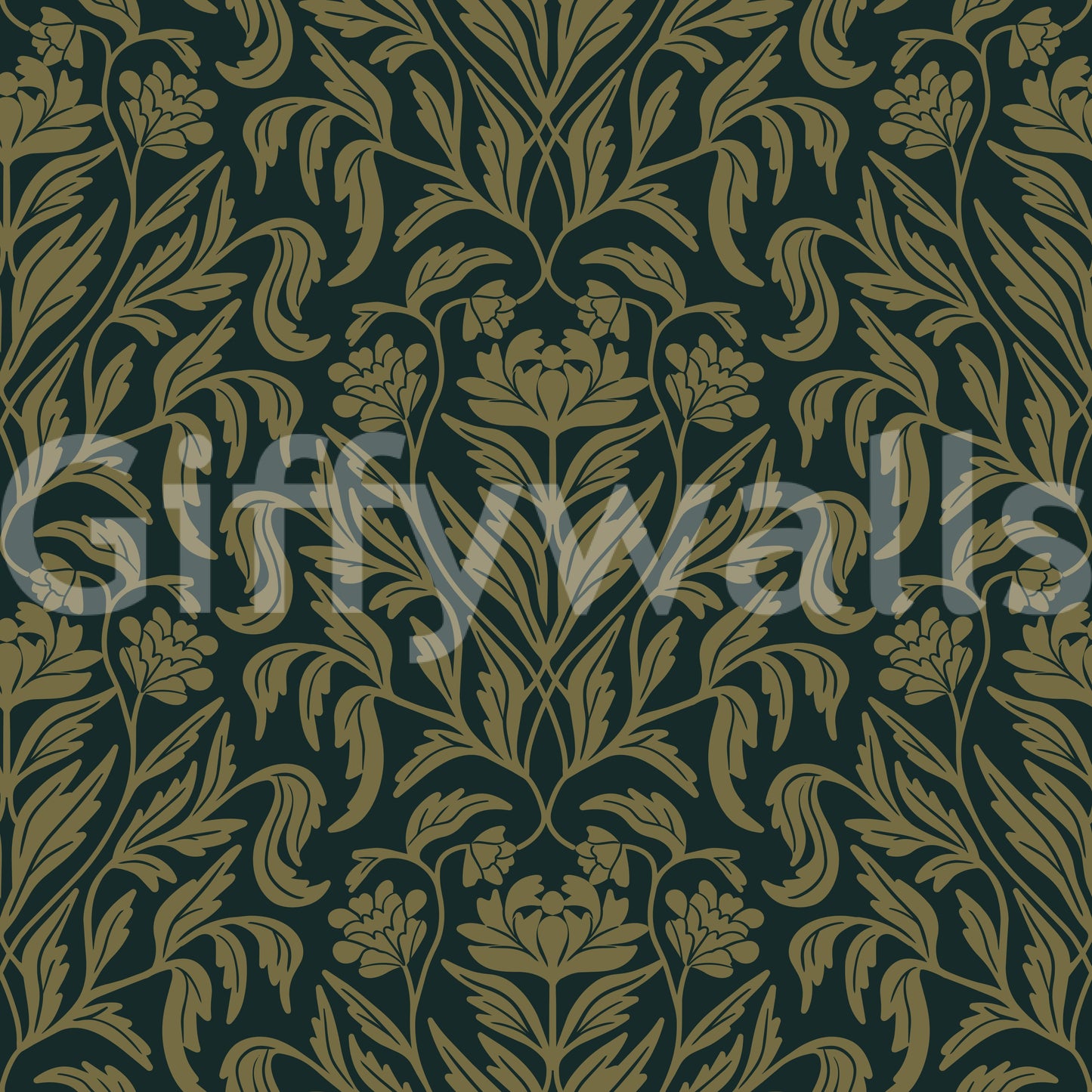 Art Nouveau Old Green Botanical Damask Wallpaper