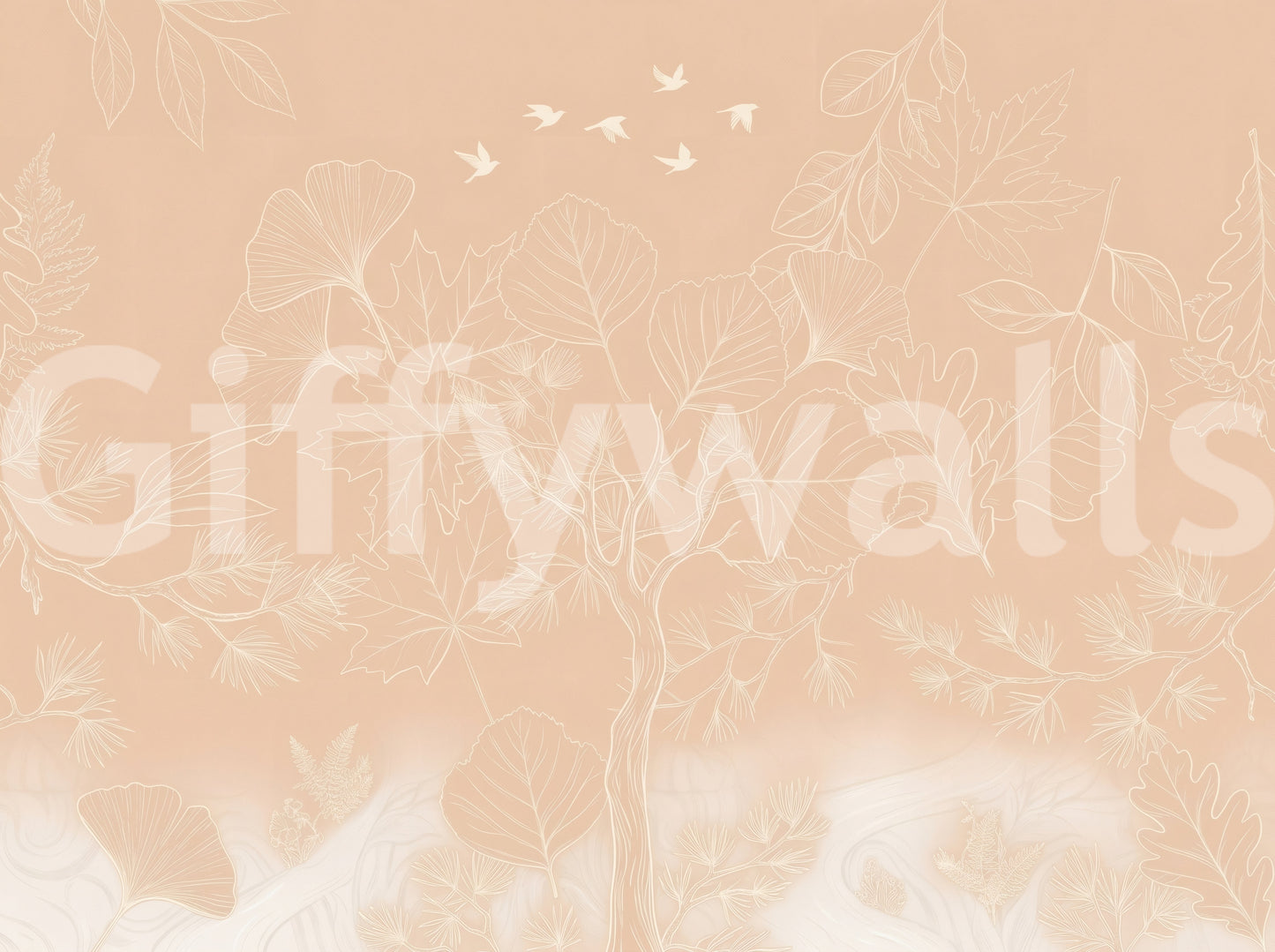 Serene Peach Botanical Line Art Wall Mural