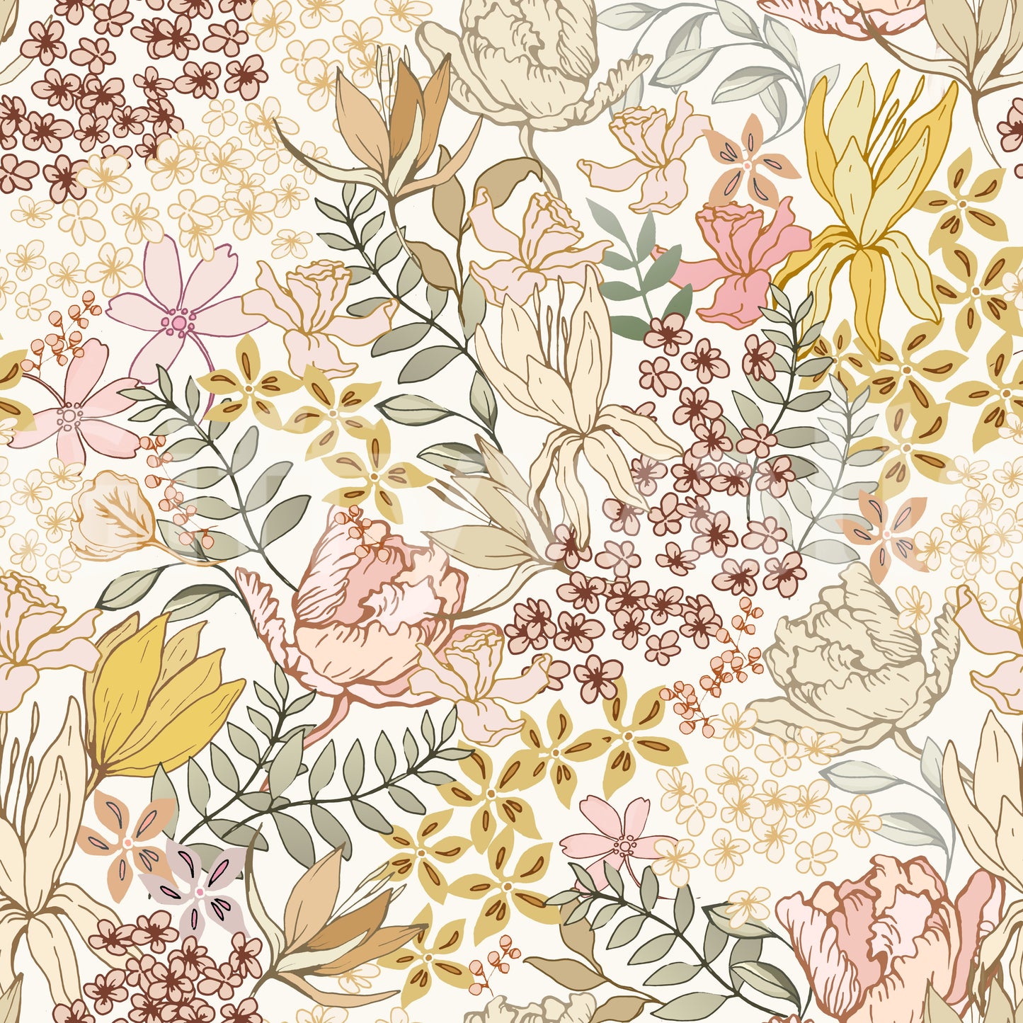 Rustic Garden Line Art Wallpaper