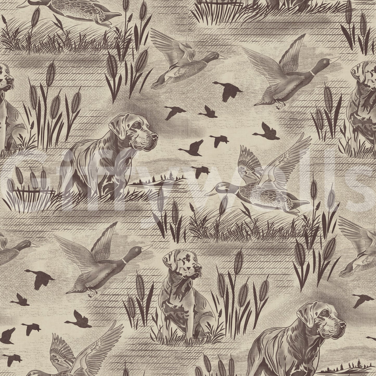 Etched Wildlife Meadow and Retriever Pattern Wallpaper