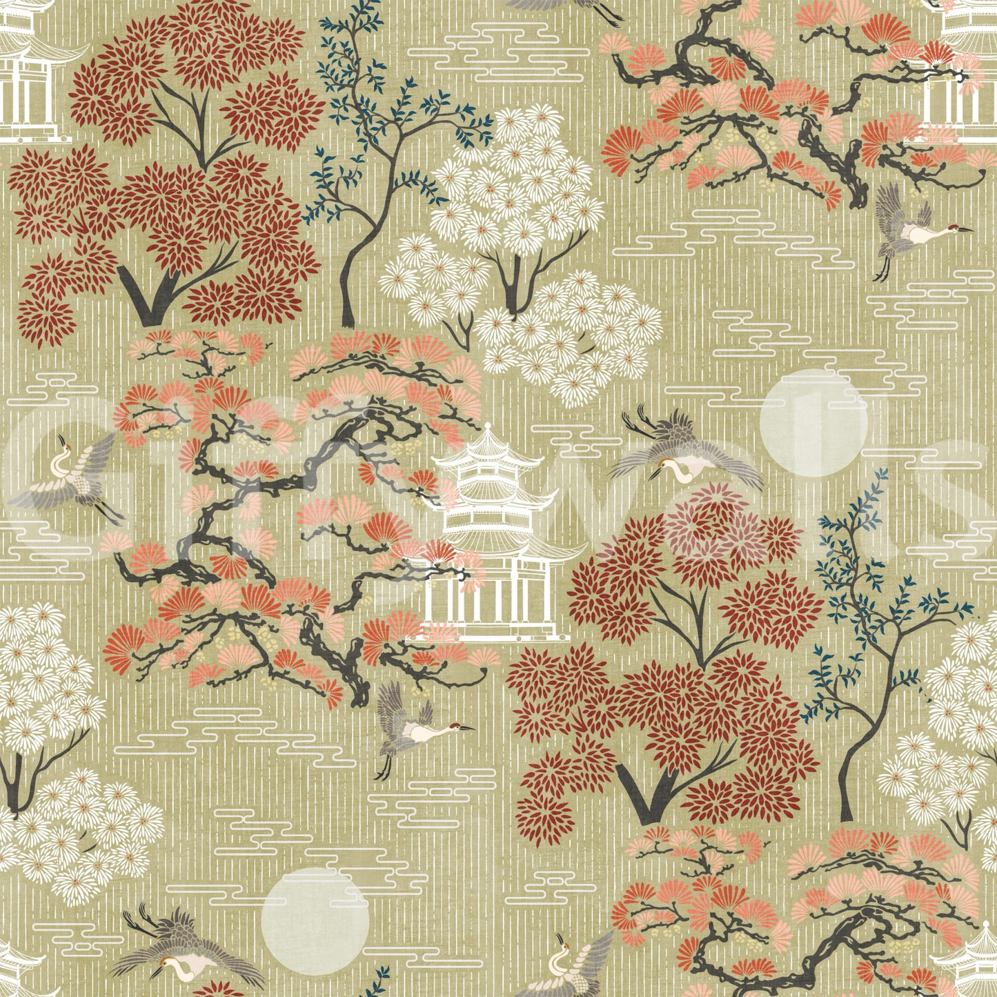 Oriental Crane and Pagoda Garden Wallpaper
