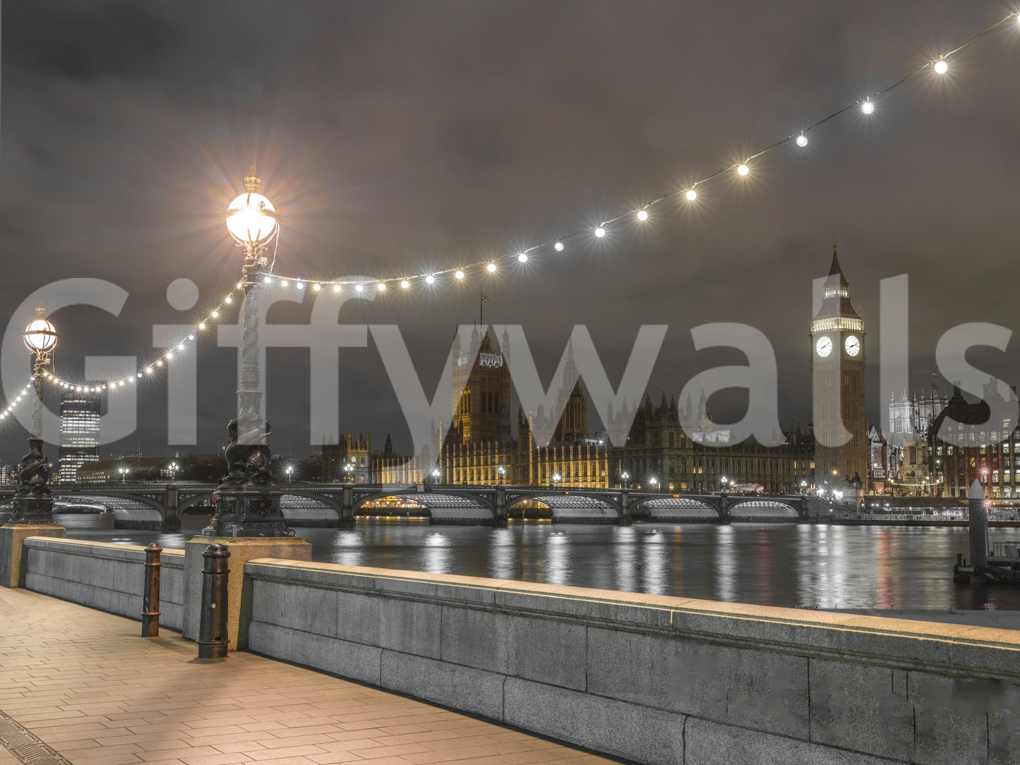 Mirror-still water reflects the lamplit skyline in this Thames wall mural GD12841