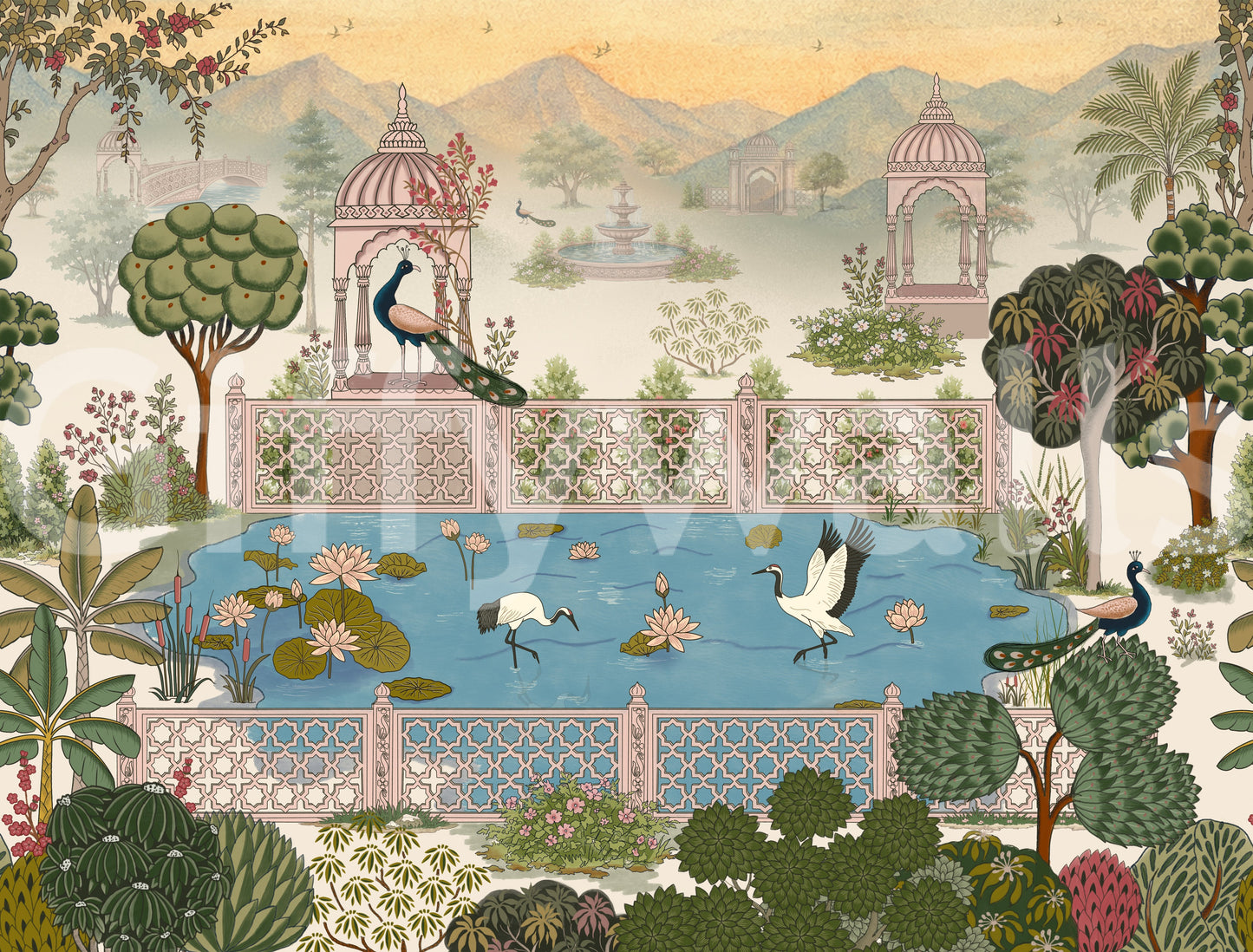 Serene Lotus Pond and Pavilion Vista Wall Mural