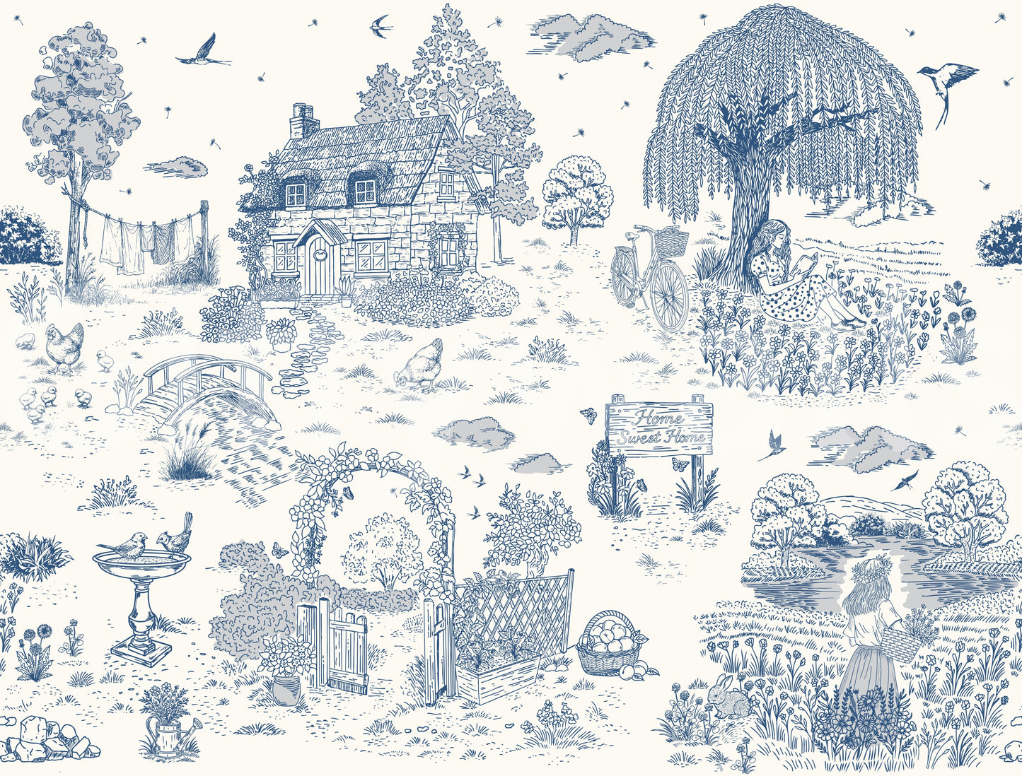 Toile de Jouy Country Cottage Sketch Wall Mural