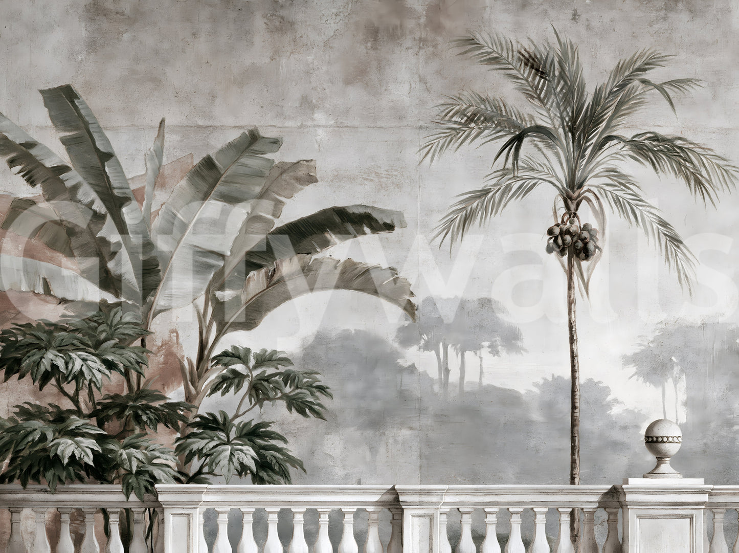 Vintage Tropical Balustrade Scene Wall Mural