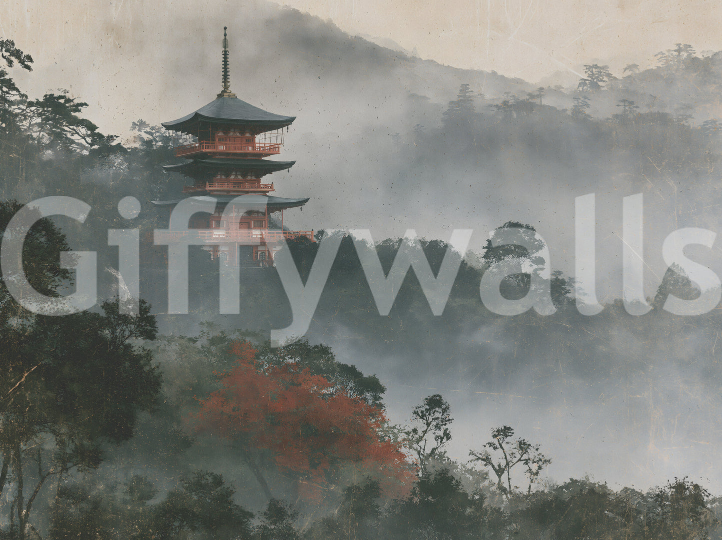 Ancient Temple in Foggy Woods Wall Mural