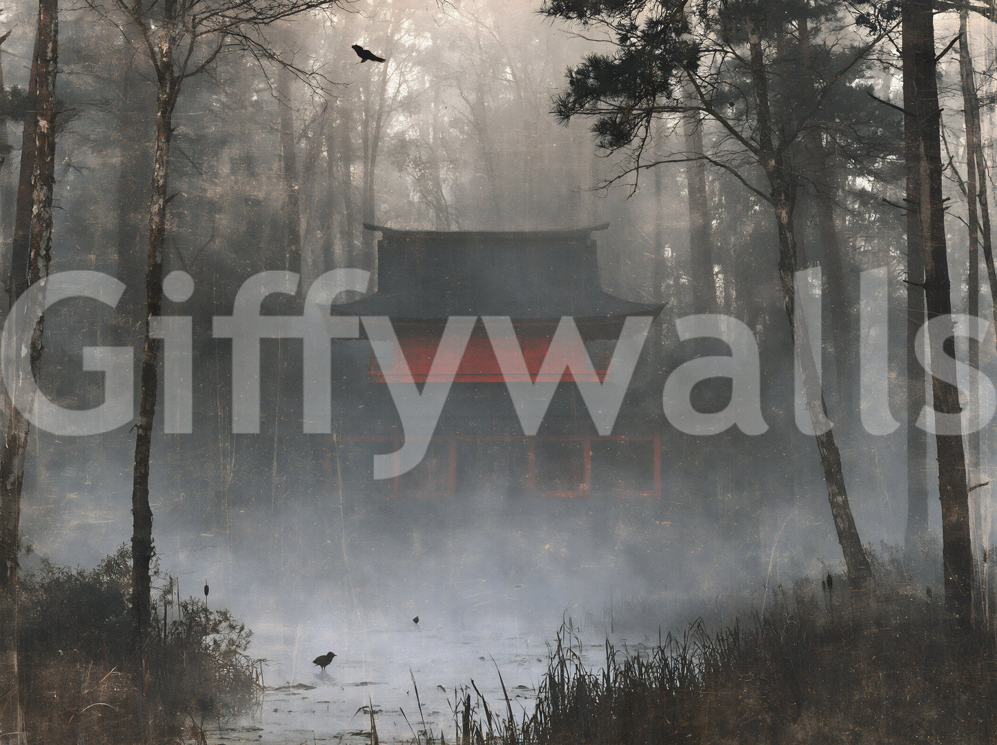 Zen Temple Foggy Woodland Wall Mural