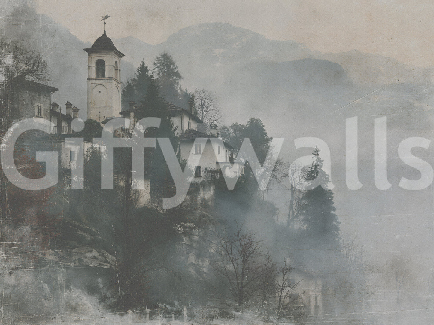 Vintage Foggy Hillside Retreat Wall Mural