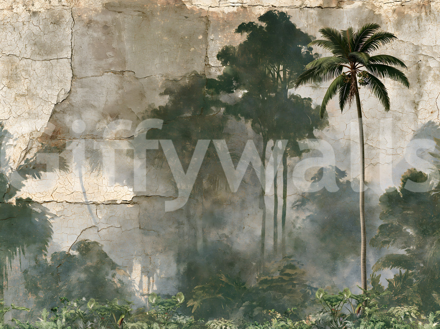Misty Palm Forest Plaster Effect Wall Mural