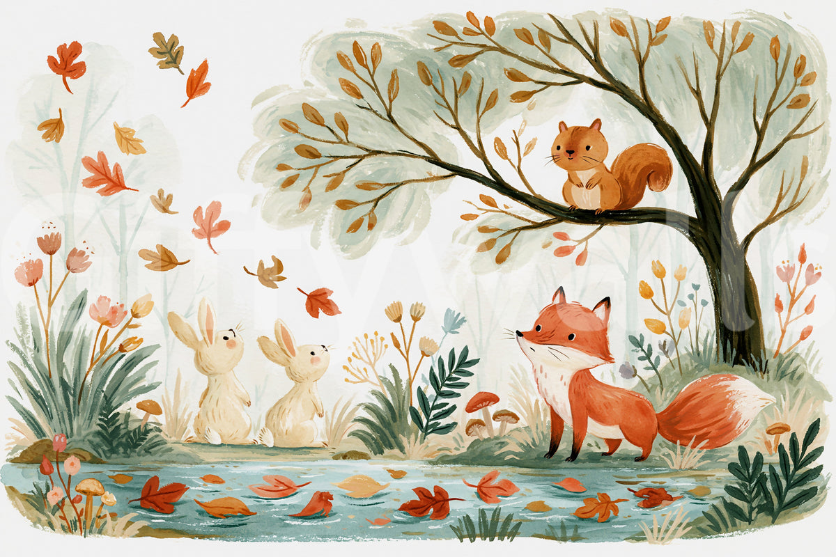 Autumn Woodland Friends Illustration Wall Mural