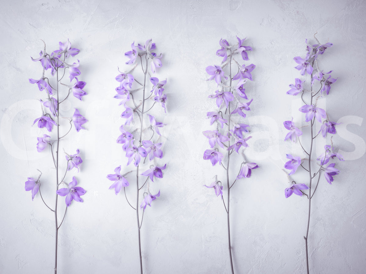 Close view of the lavender wallpaper print with violet blooms on slim stems GD13138