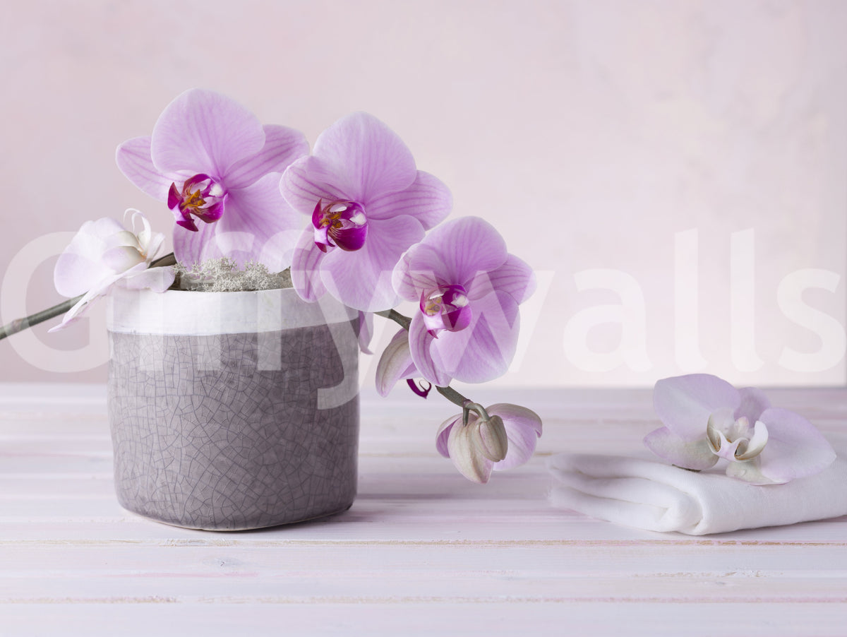 Close view of the floral wallpaper print with a pink orchid, gray pot and white towel GD13139