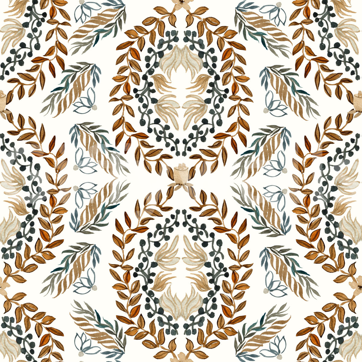 Watercolor Botanical Wreath Motif Wallpaper