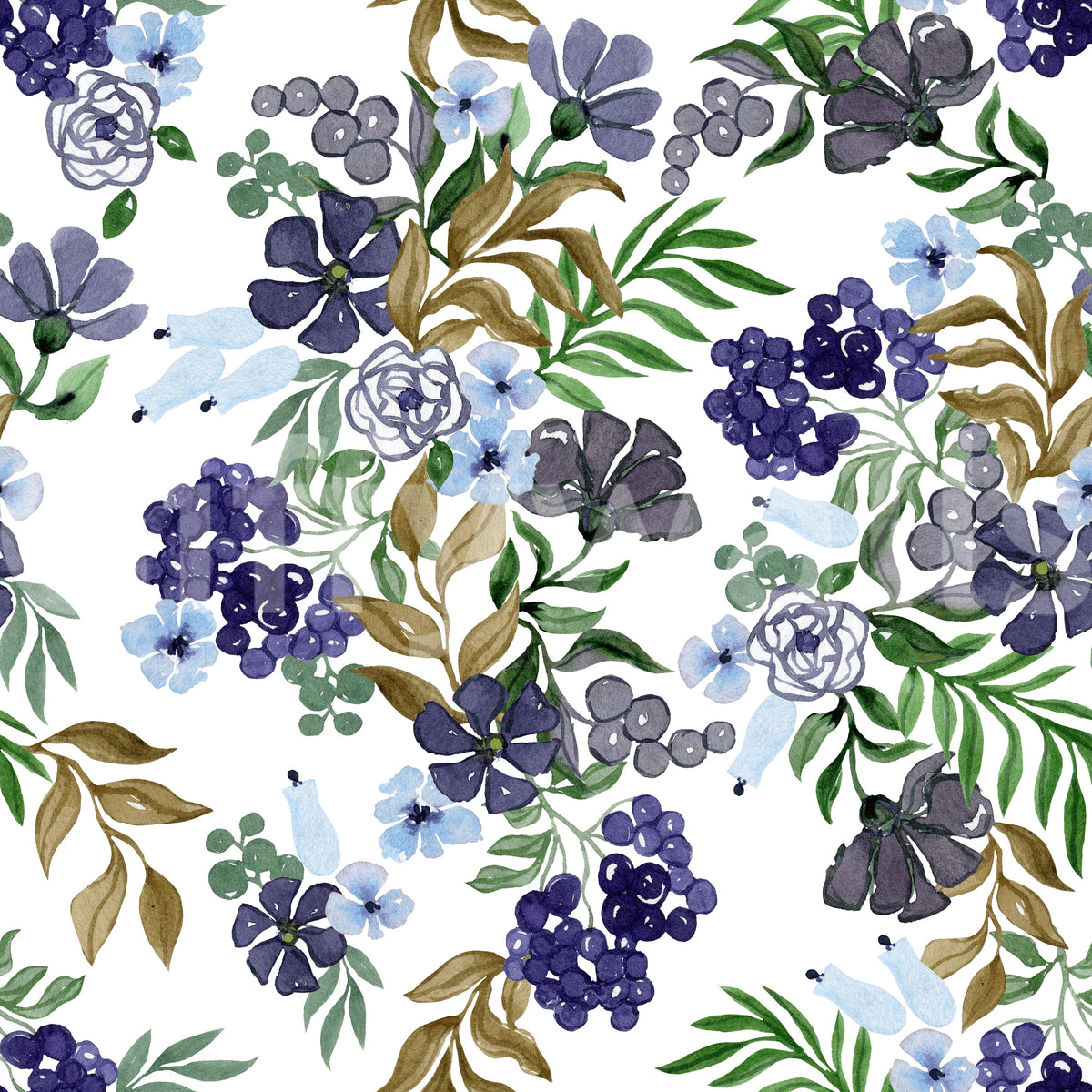 Watercolor Berry and Leaf Motif Wallpaper