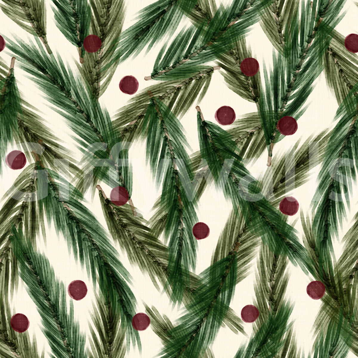 Watercolor Christmas Pine Needles and Red Berries Holiday Pattern Wallpaper