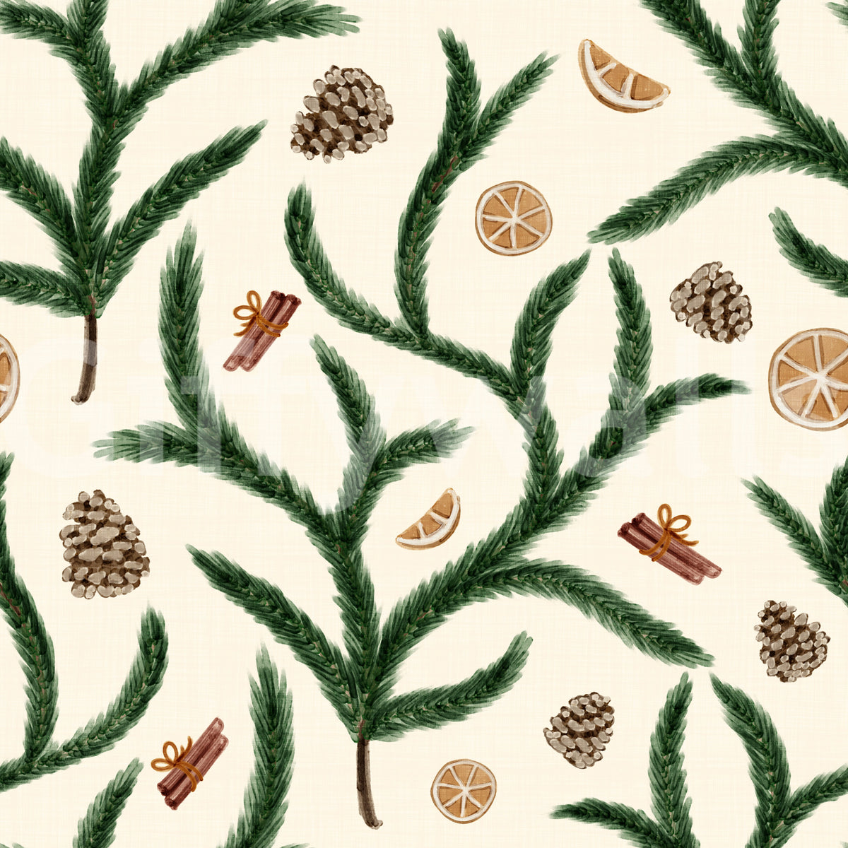 Watercolor Pine Branches with Oranges Cinnamon and Pine Cones Wallpaper