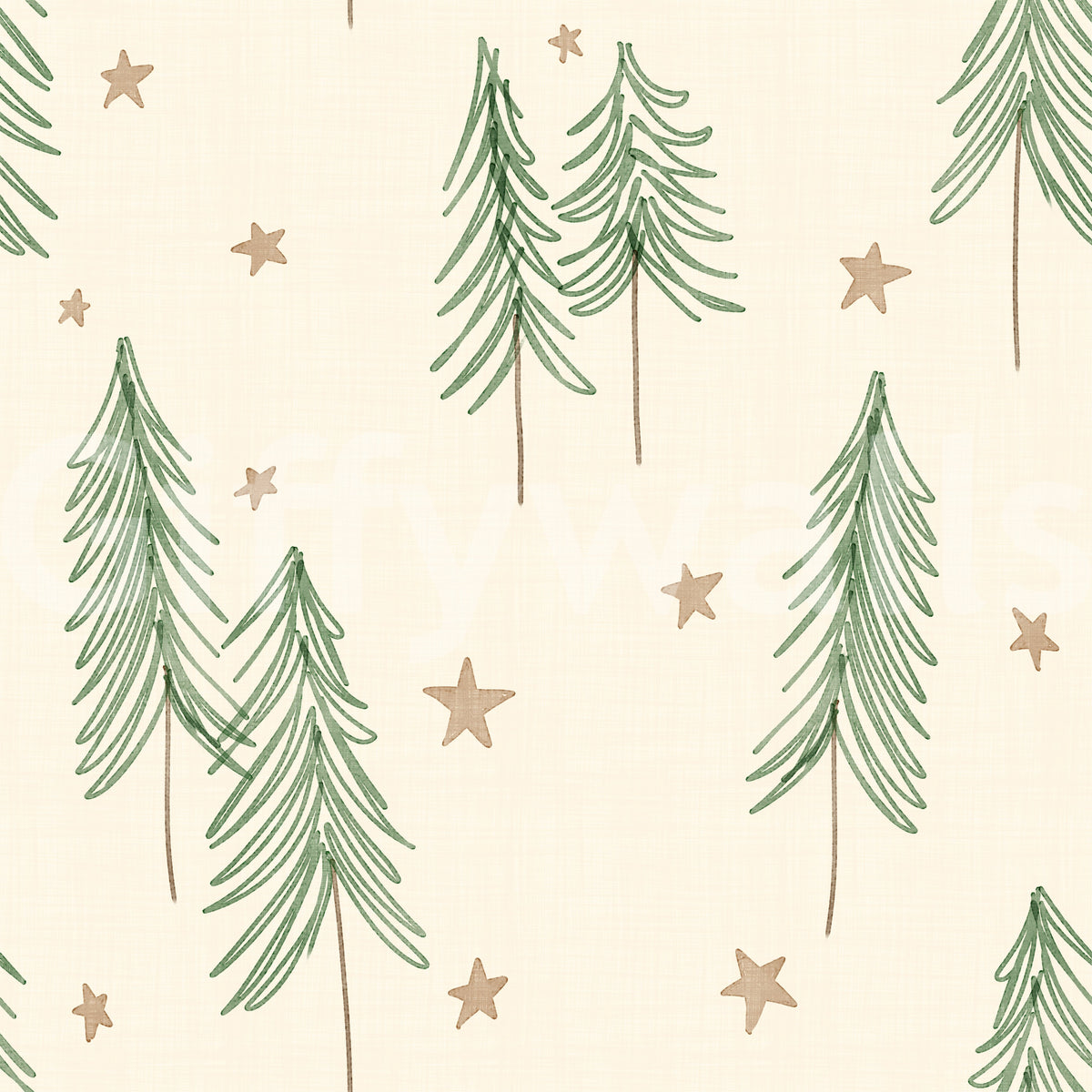 Woodland Pine Trees and Stars Winter Pattern - Green Ginger Wallpaper