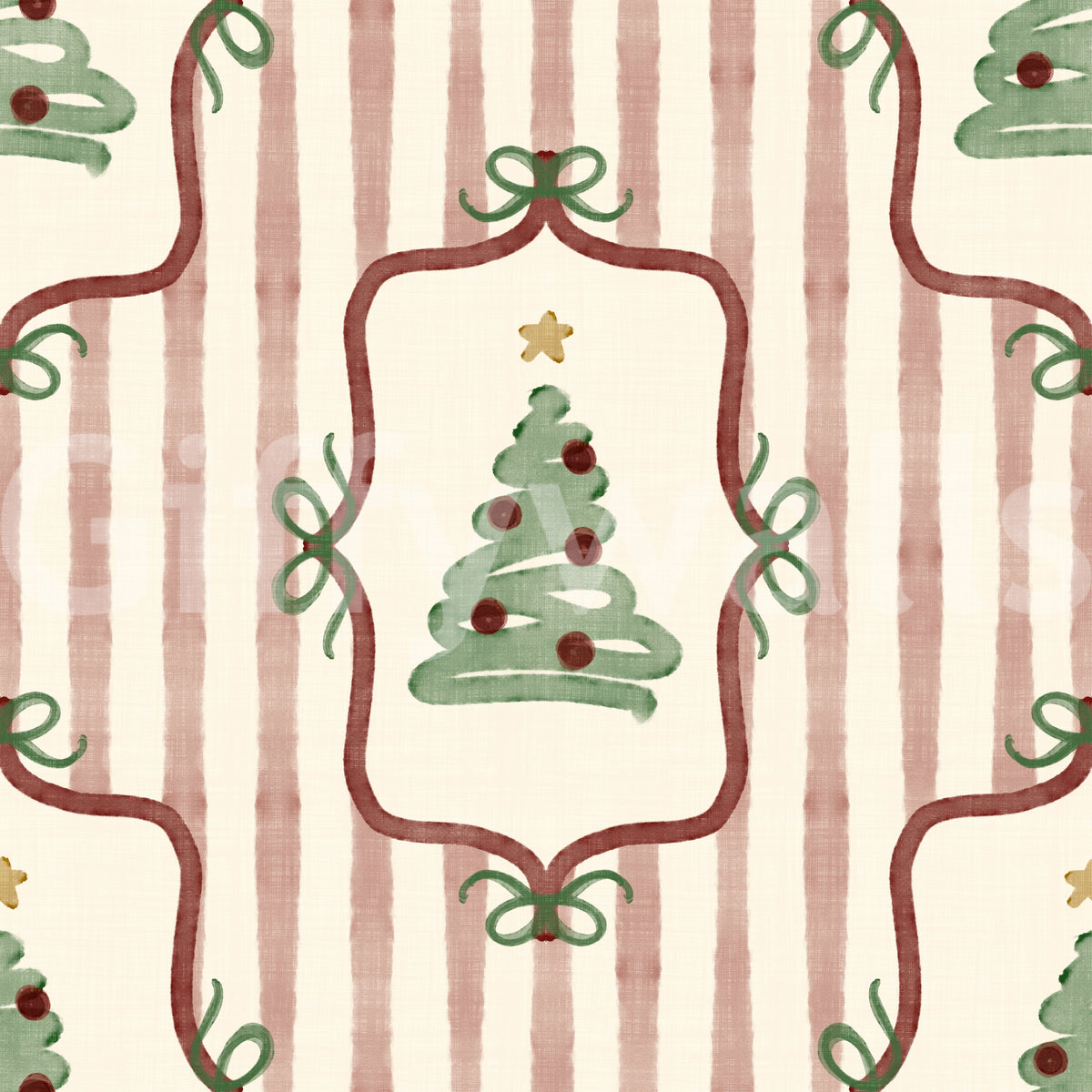 Preppy Christmas Tree Bows Ribbon Stripes - Cranberry Red Wallpaper