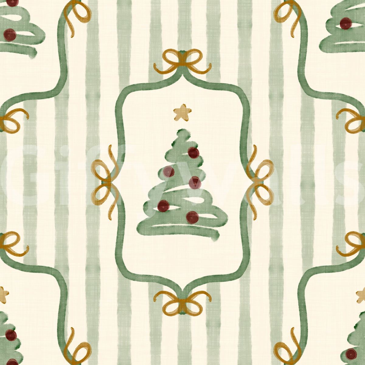Preppy Christmas Tree Bows Ribbon Stripes - Forest Pine Green Wallpaper