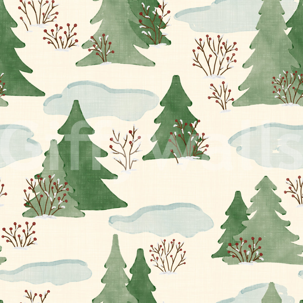 Snowy Winter Forest Pine Trees and Berries Pattern Wallpaper