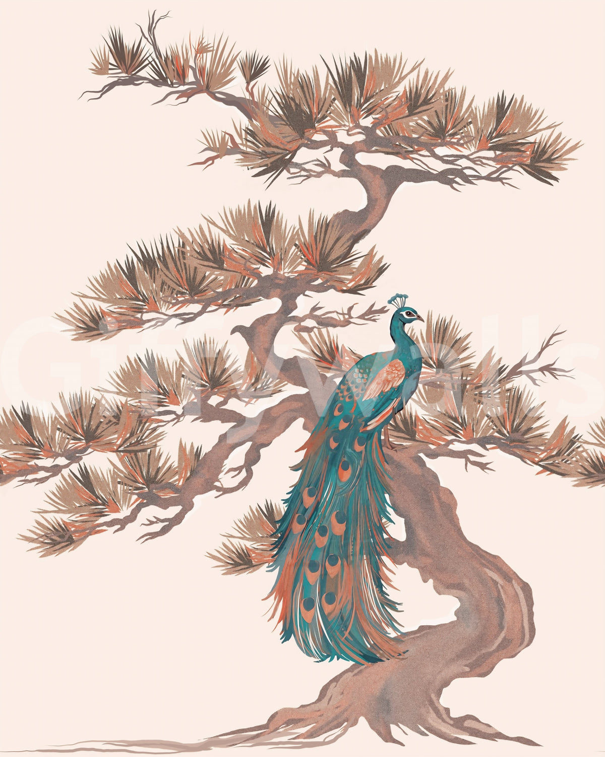 Chinoiserie Pine and Bird Motif Wall Mural