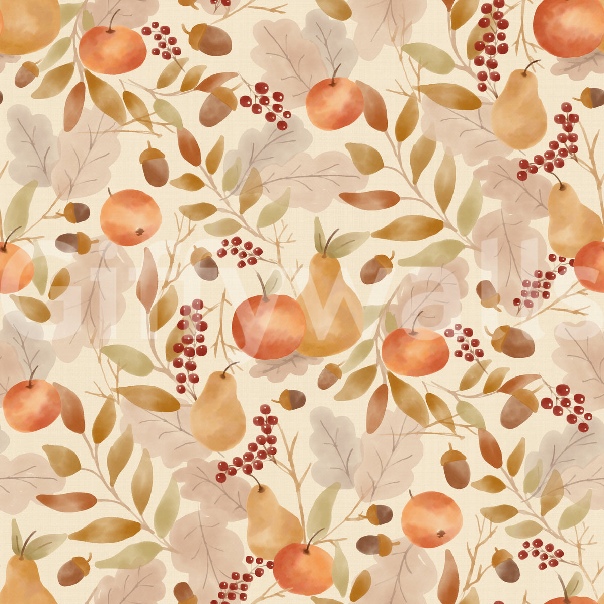 Watercolor Autumn Fruit Leaves Desaturated Soft Harvest Pattern Wallpaper