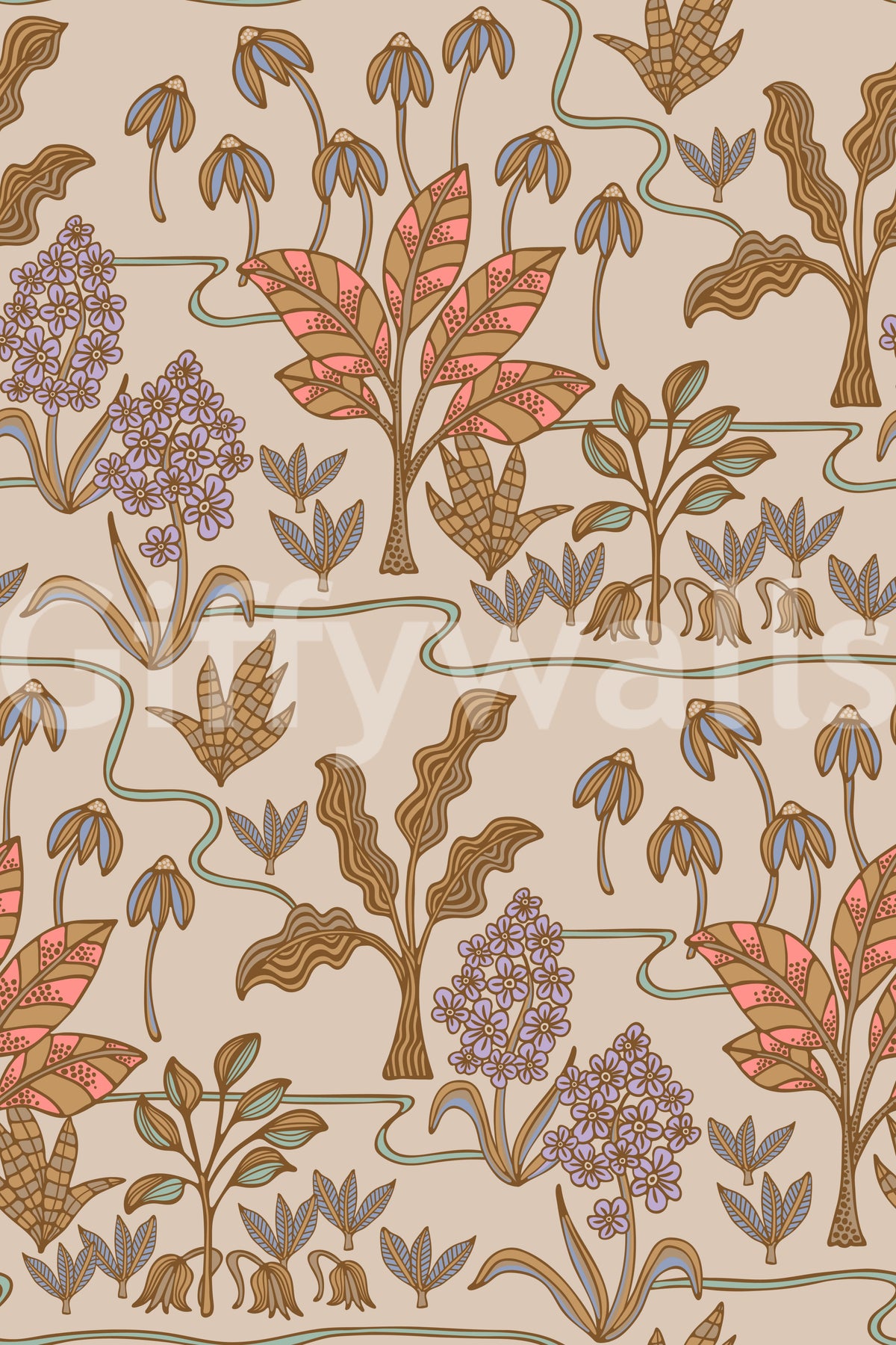 Tropical Garden Toile Charming Floral Botanical Warm Pastels Wallpaper