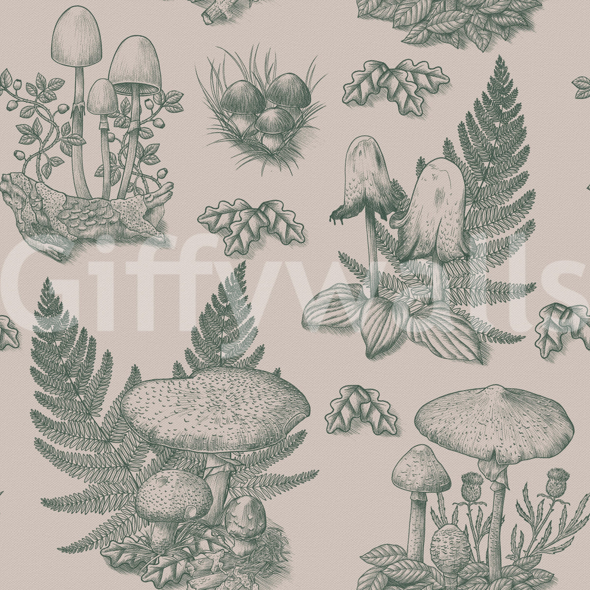 Mushroom - Autumnal Toile de jouy - Green Wallpaper