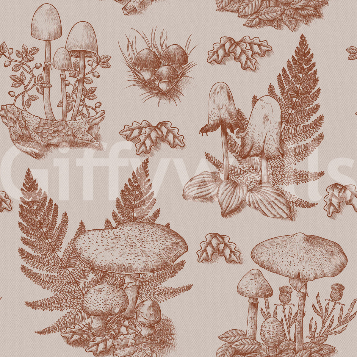 Mushroom - Autumnal Toile de jouy - Rusty Red Wallpaper