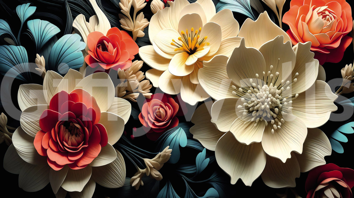 3D Flowers Coral and Cream Wall Mural