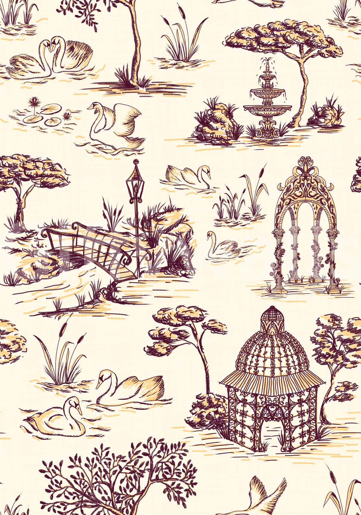 Modern Toile de Jouy Swan Victorian Garden Scenery - Rich Contrast Wallpaper