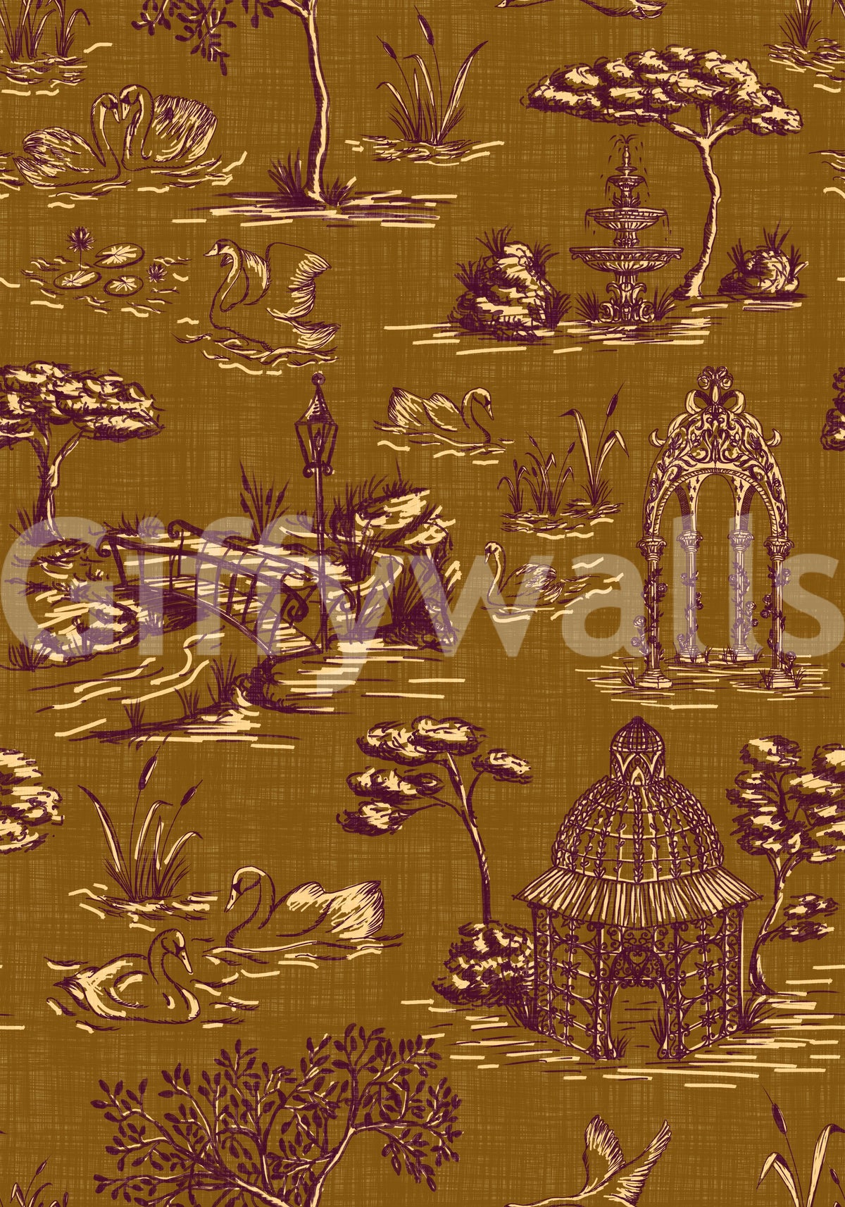 Modern Toile de Jouy Swan Victorian Garden Scenery - Regal Gilded Warmth Wallpaper