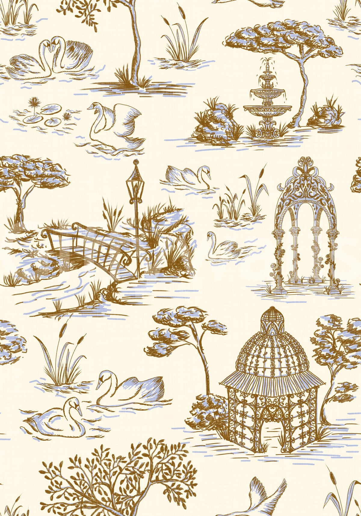 Modern Toile de Jouy Swan Victorian Garden Scenery - Gilded Contrast Wallpaper