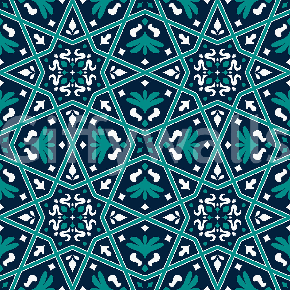 Midnight Teal Geometric Star Tile Wallpaper