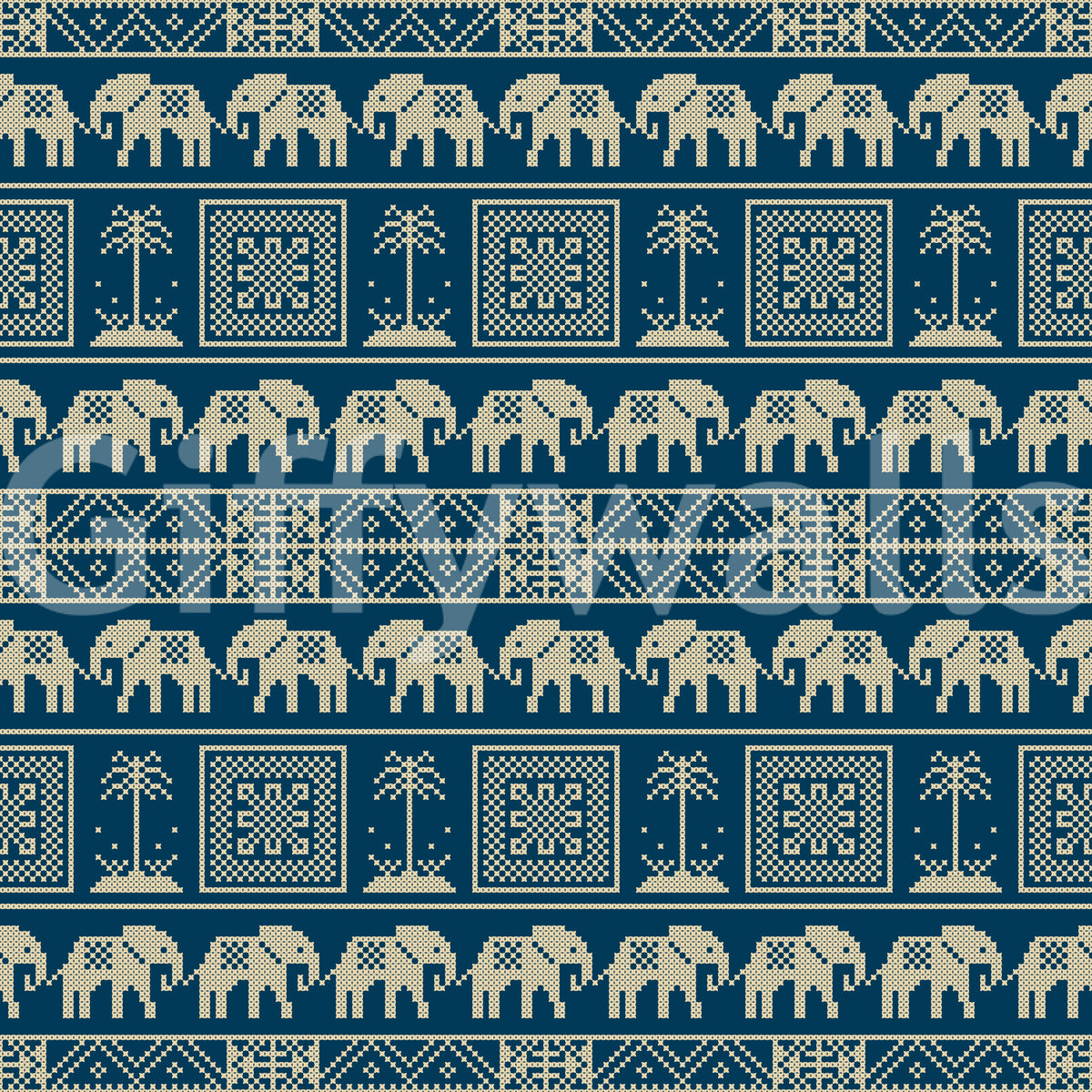 Folklore Elephant and Palm Motif Wallpaper
