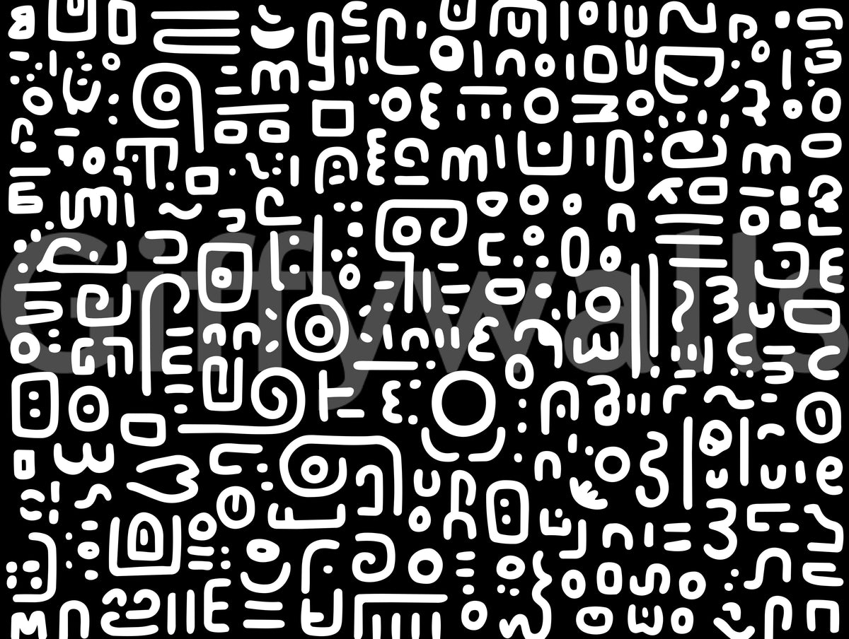 Monochrome Geometric Doodle Symbols on Black Wall Mural